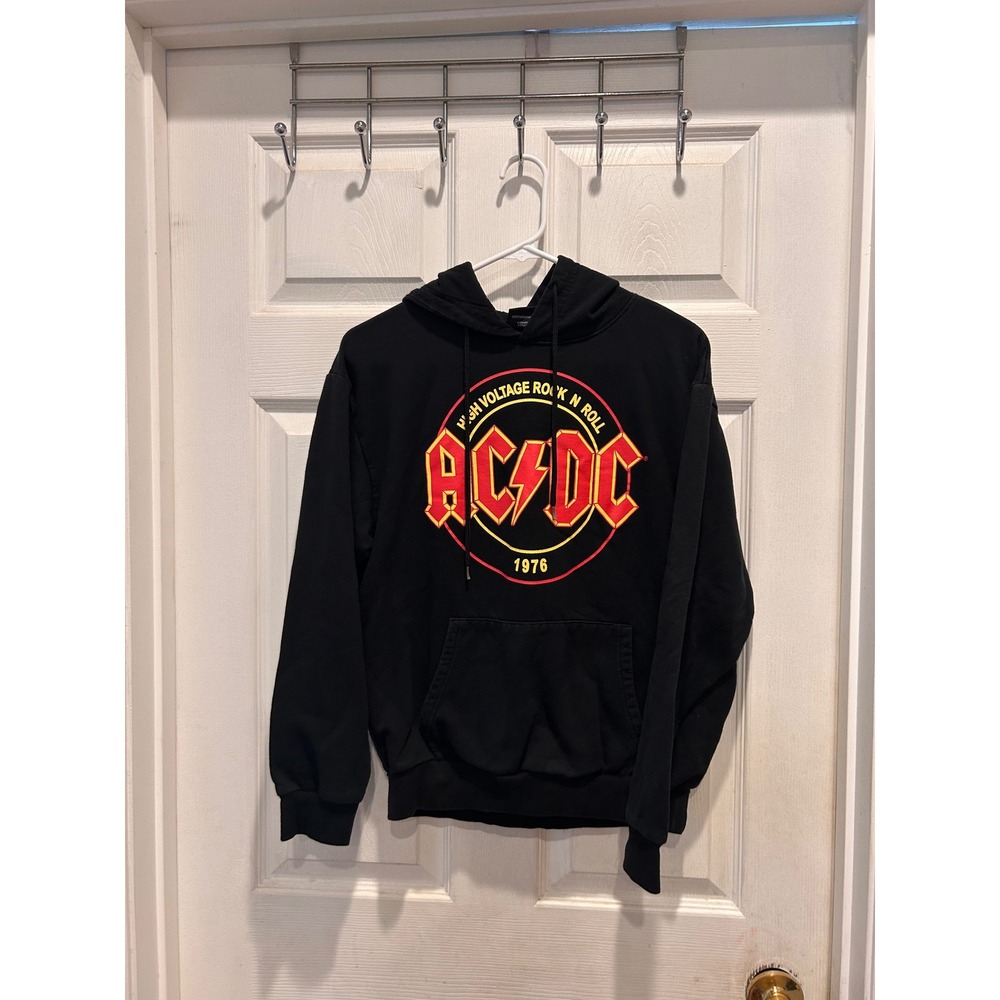 AC/DC High Voltage Rock N Roll 1976 Black Graphic Hoodie Womens M Metal Grunge